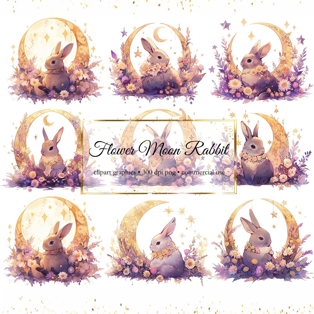 Magic Moon Flower Rabbit Clipart Flower Rabbit Watercolor Clipart, PNG ...