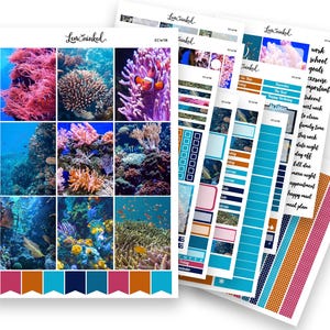 Pegatinas de planificador vertical para Erin Condren // Kit de pegatinas de planificador semanal de lujo con fotos "Coral Under The Sea"