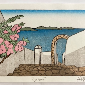 Impressão em xilogravura, "Cíclades", arte japonesa Mokuhanga