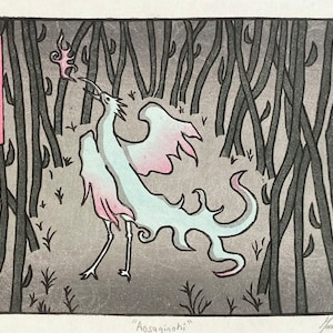 Woodblock Print, “Aosaginohi” (Blue Heron Yokai), Japanese Mokuhanga Art