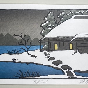Grabado en madera, "Nieve nocturna", arte japonés Mokuhanga