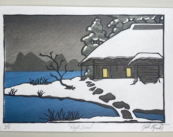 Woodblock Print, "Night Snow," Japanese Mokuhanga Art