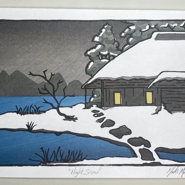 Woodblock Print, "Night Snow," Japanese Mokuhanga Art