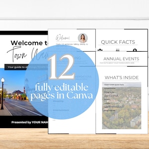 May include: A guide with 12 fully editable pages in Canva. The guide includes sections for quick facts, annual events, and local recommendations. The cover features a town scene and the text "Welcome to Town Name."