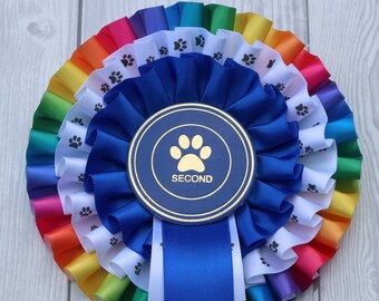 Colourful 3-tier rosettes in Rainbow, dog paw and place colours, satin ribbon box pleated, 50mm centres, personalisation, Dog & Cats shows