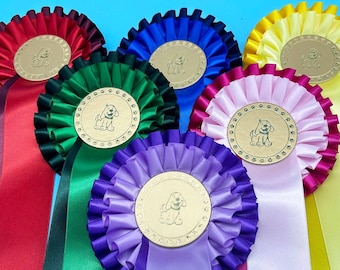 Dog & Horse rosettes, 2-tier, 50mm centres, extra long printed 38mm streamers, ideal Dog or Horse events, Pony parties, gifts