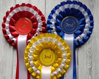 personalised satin ribbon rosettes, 3 tier, 50mm centres, colour options, choice of motifs, all shows and occasions