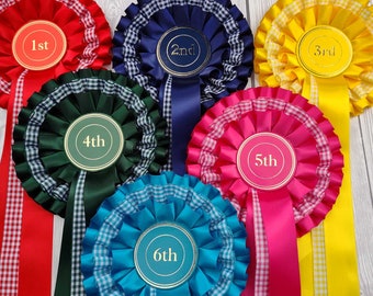 country style gingham rosettes, 2 &3 tier options, 50mm centres, satin and gingham ribbons, Personalisation, colour options, all shows