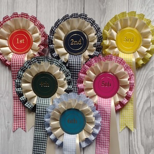 May include: A set of six circular award rosettes featuring pleated fabric borders in red, black, yellow, dark green, pink, and light blue gingham patterns. Each rosette has a central disc labelled 1st through 6th with matching ribbon tails.