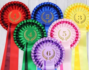 3-tier rosettes, 68mm centres with Laurel place motif, 3 wide tails, includes tail print option, all events