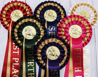 Showjumper 3-tier rosettes, metal centre, wide tails, place print ribbon, optional tail print for personalisation, equestrian events