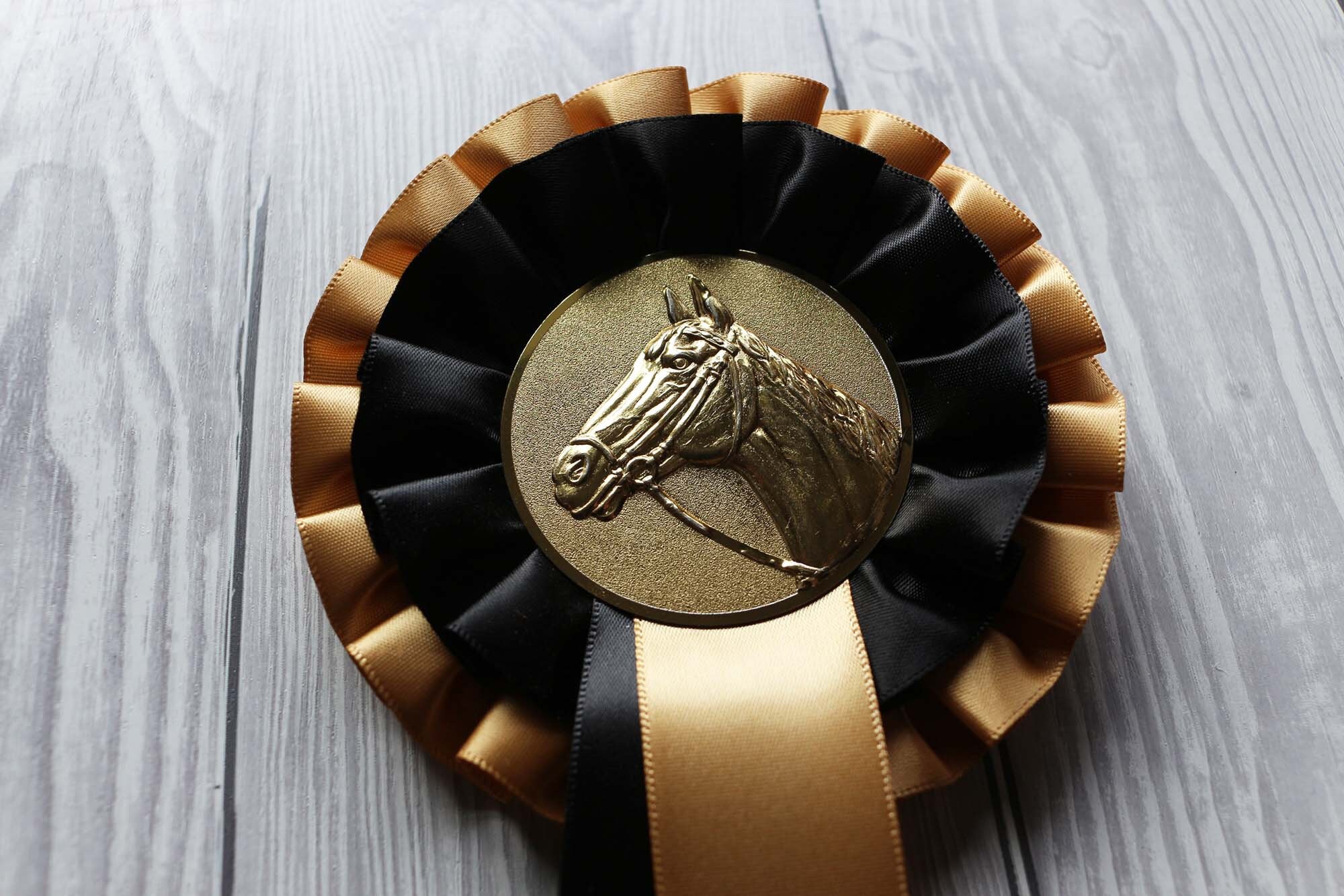 2-tier Gold & Black Rosettes Choice of Metal Centres Ribbon 