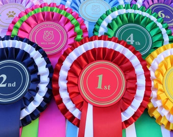 Club rosettes, large 68mm centre, 3-tier box pleated satin ribbon, 38mm tails, personalisation option, choice of colours, all events