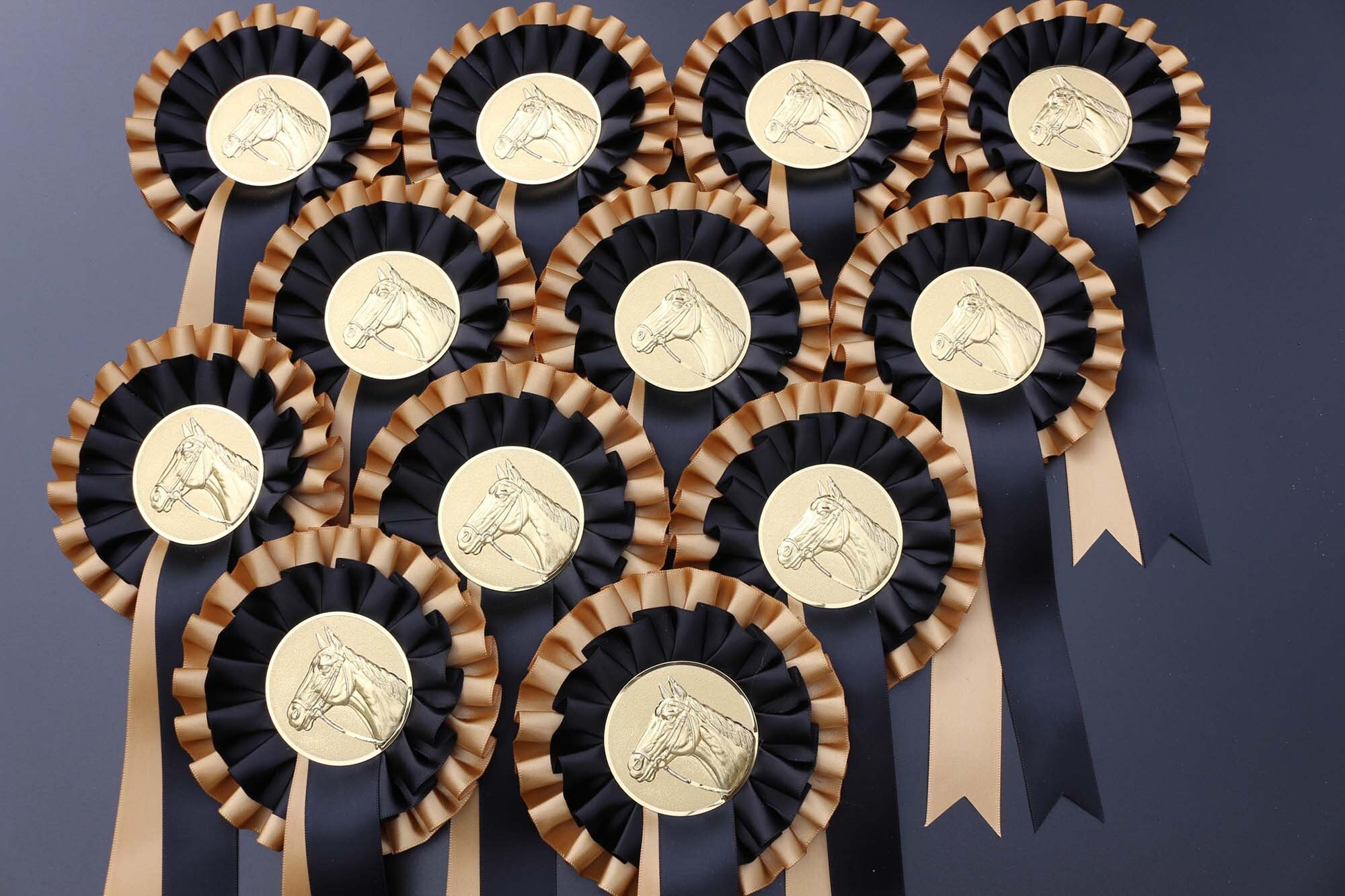 2-tier Gold & Black Rosettes Choice of Metal Centres Ribbon 