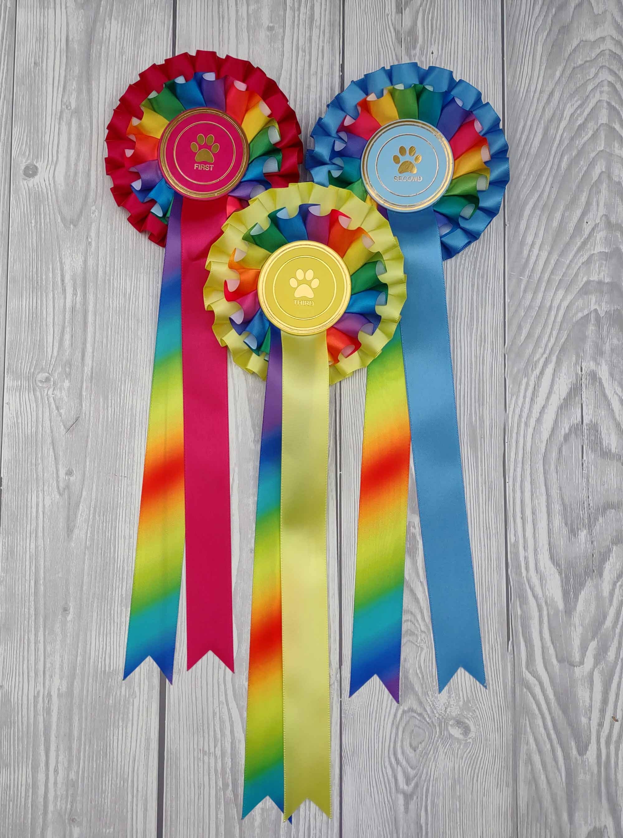 RAINBOW 1st-6th 2 tier Rosettes in quality single faced satin 68mm Centres 