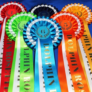 3-tier vibrant rosettes. Wide 15in long printed tails finished to point design, 50mm centres with Laurel place motif. All sports and events. image 2