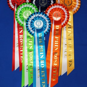 3-tier vibrant rosettes. Wide 15in long printed tails finished to point design, 50mm centres with Laurel place motif. All sports and events. image 5