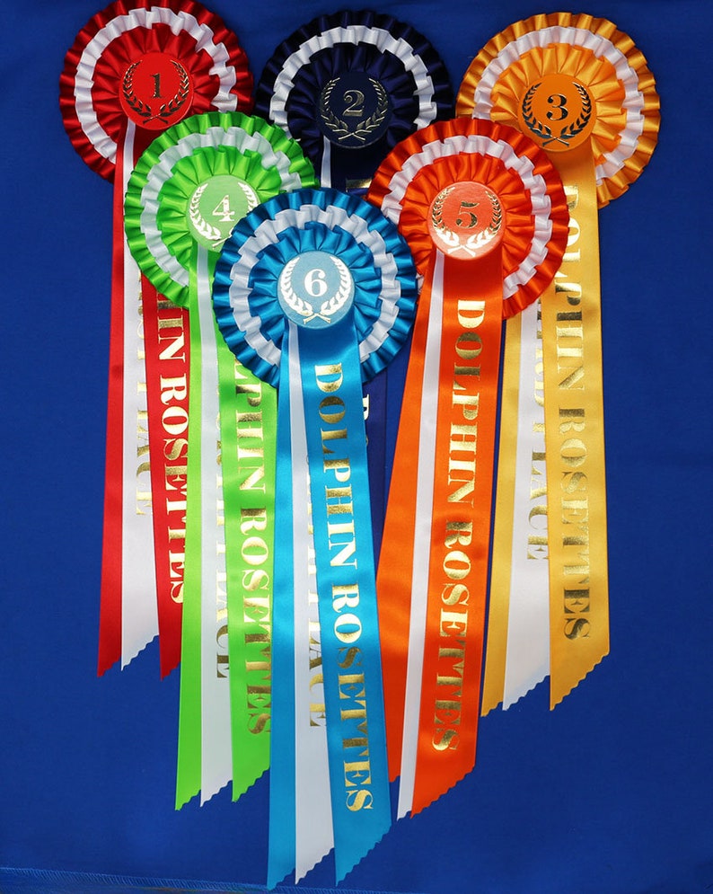 3-tier vibrant rosettes. Wide 15in long printed tails finished to point design, 50mm centres with Laurel place motif. All sports and events. image 5