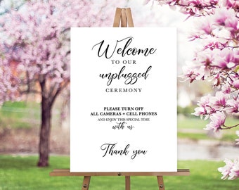 Unplugged Wedding Ceremony Sign - White, Black, Script - Printable Sign - Digital - 18x24, 16x20, 14x18