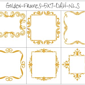 May include: Six different gold-colored decorative frames with ornate designs. The frames are arranged in a grid pattern on a white background. The text "Golden-Frames-5X7-DAH-NHS" is written in black at the top of the image.