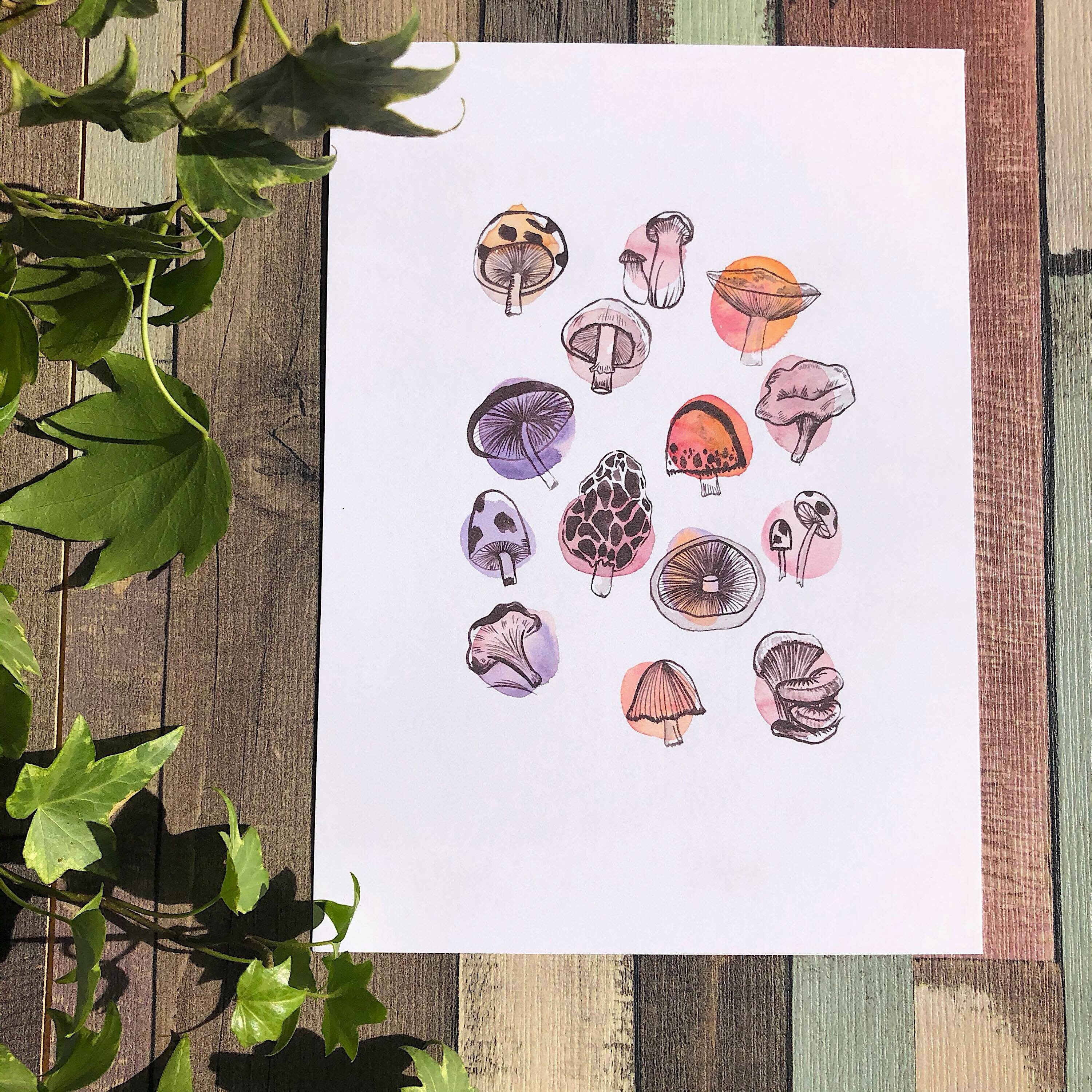 Mushroom watercolour print Botanical painting art potted Etsy