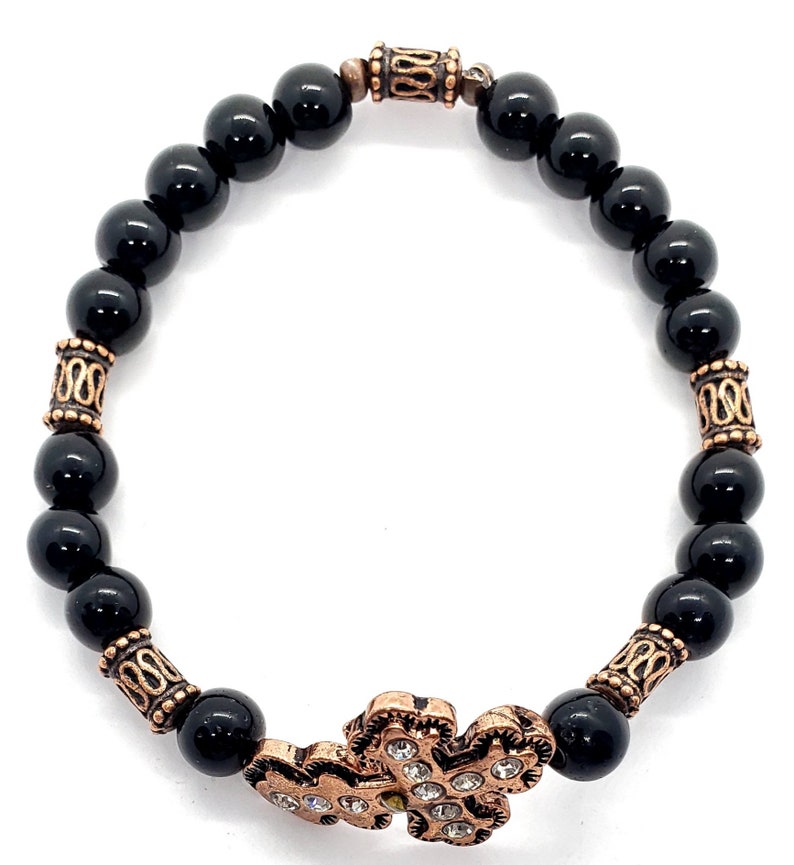 Gemstone Bracelet Copper Bracelet Birthday Bracelet Women/'s Black Jasper /& Copper Cross Beaded Bracelet Stretch Bracelet Gift Bracelet