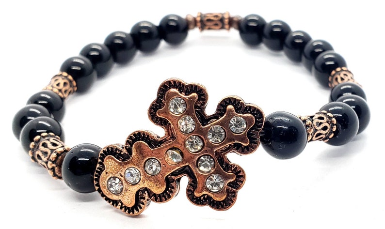 Gemstone Bracelet Copper Bracelet Birthday Bracelet Women/'s Black Jasper /& Copper Cross Beaded Bracelet Stretch Bracelet Gift Bracelet