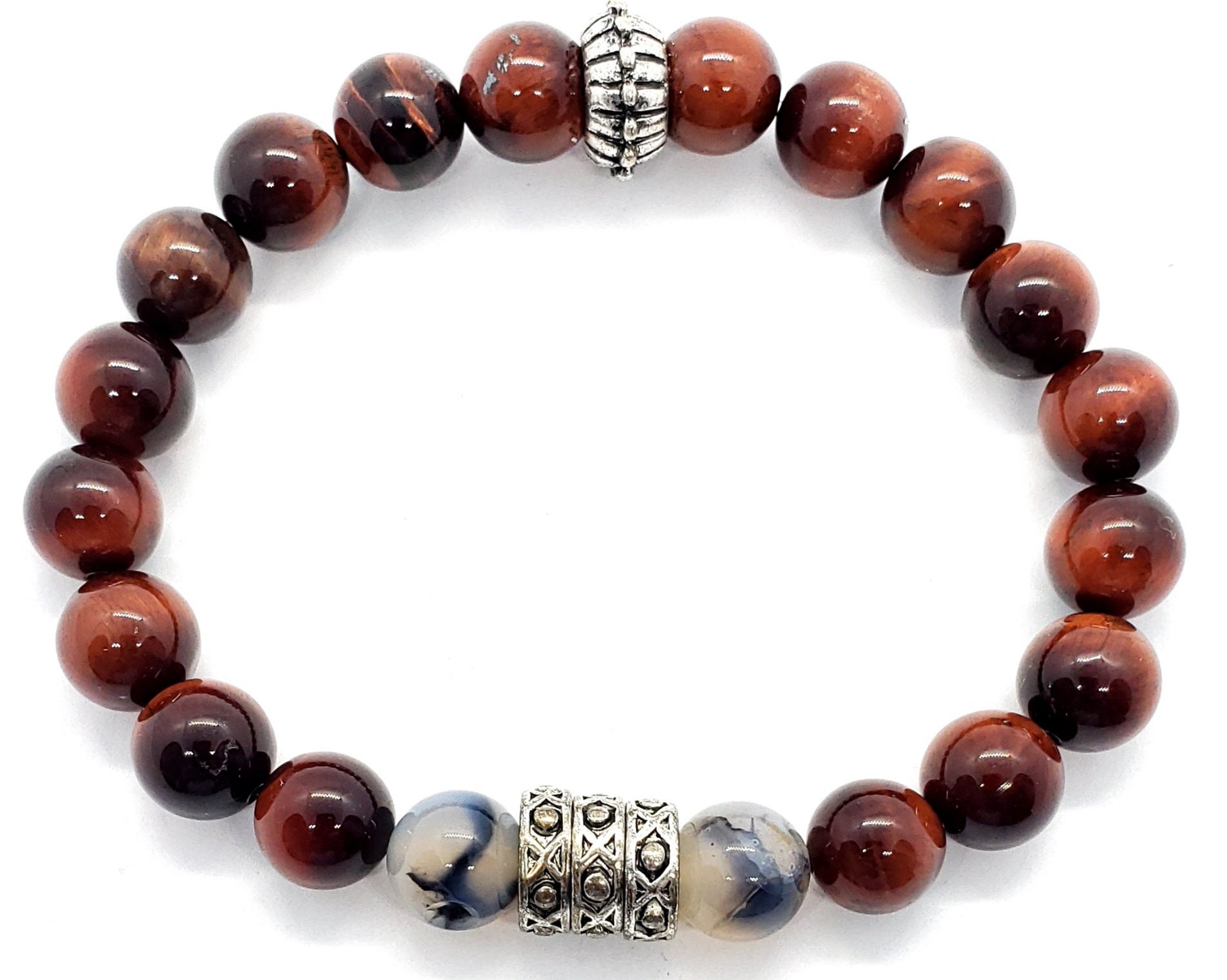 Men's Red Tiger Eye Agate & Silver Beaded Bracelet Etsy