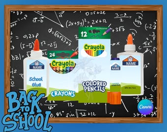 Editable School Supply Labels: Crayon, Glue, Pencil Box Canva Templates (Digital Download)