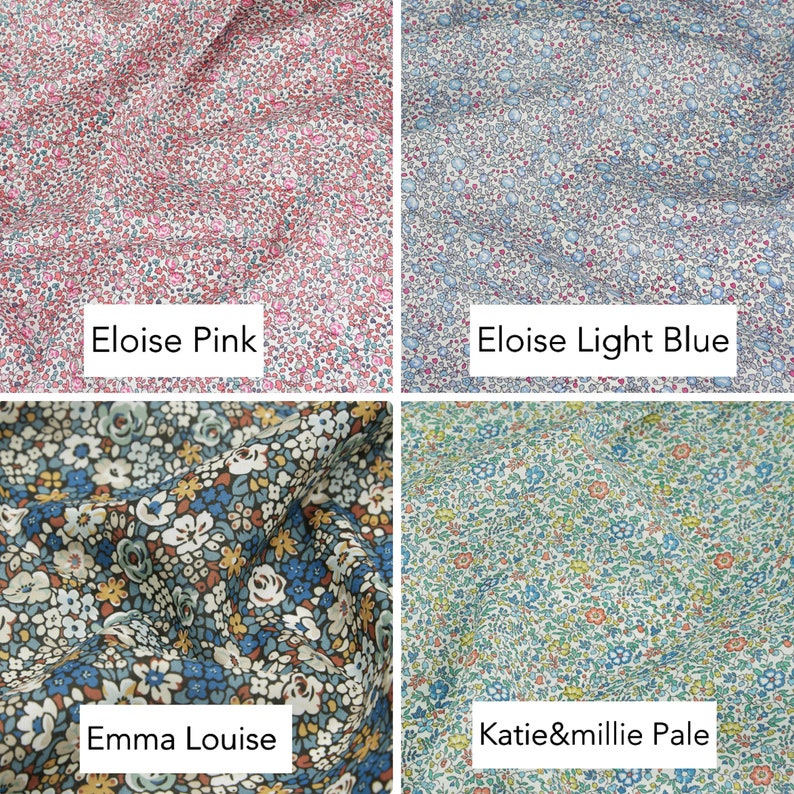 May include: Four fabric swatches with floral patterns. The swatches are labeled "Eloise Pink", "Eloise Light Blue", "Emma Louise", and "Katie&millie Pale".