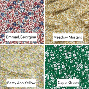 May include: Four fabric swatches with floral patterns. The swatches are labeled "Emma&Georgina", "Meadow Mustard", "Betsy Ann Yellow", and "Capel Green".