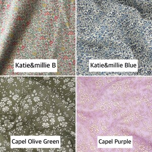 May include: Four fabric swatches with floral patterns. The top left swatch is a white background with small red, blue, and yellow flowers. The top right swatch is a white background with small blue flowers. The bottom left swatch is a green background with small white flowers. The bottom right swatch is a light purple background with small white flowers. The swatches are labeled "Katie&millie B", "Katie&millie Blue", "Capel Olive Green", and "Capel Purple".