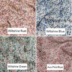 May include: Four fabric swatches with a floral pattern. The swatches are labeled "Wiltshire Rust", "Wiltshire Blue", "Wiltshire Green", and "Ava Pink/Rust".