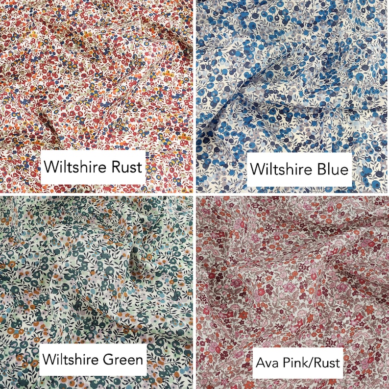 May include: Four fabric swatches with a floral pattern. The swatches are labeled "Wiltshire Rust", "Wiltshire Blue", "Wiltshire Green", and "Ava Pink/Rust".