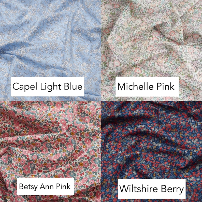 May include: Four fabric swatches with floral patterns. The swatches are labeled "Capel Light Blue", "Michelle Pink", "Betsy Ann Pink", and "Wiltshire Berry".
