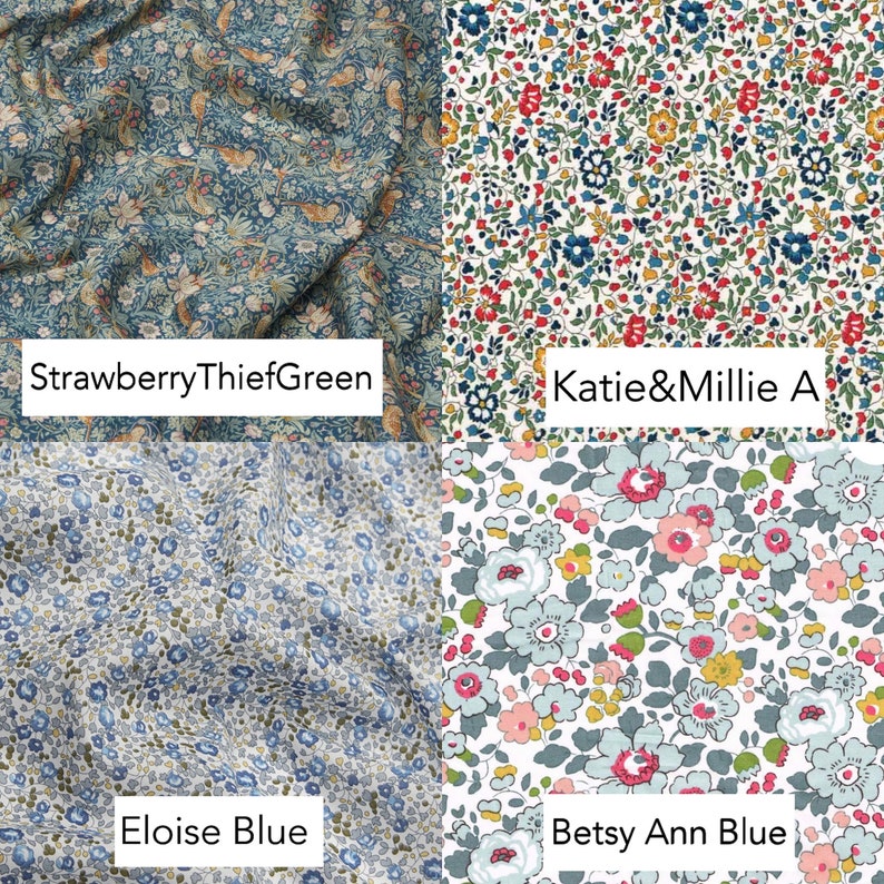 May include: Four fabric swatches with different floral patterns. The top left swatch is a blue and green floral pattern with the text "Strawberry Thief Green". The top right swatch is a white background with a small red, blue, and yellow floral pattern with the text "Katie&Millie A". The bottom left swatch is a blue and green floral pattern with the text "Eloise Blue". The bottom right swatch is a white background with a larger pink, blue, and yellow floral pattern with the text "Betsy Ann Blue".