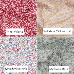 May include: Four fabric swatches with different floral patterns. The top left swatch is red with white flowers, labeled "Mitsi Valeria". The top right swatch is pink and yellow with white flowers, labeled "Wiltshire Yellow Bud". The bottom left swatch is white with pink, blue, and yellow flowers, labeled "Katie&millie Pink". The bottom right swatch is blue and green with white flowers, labeled "Michelle Blue".
