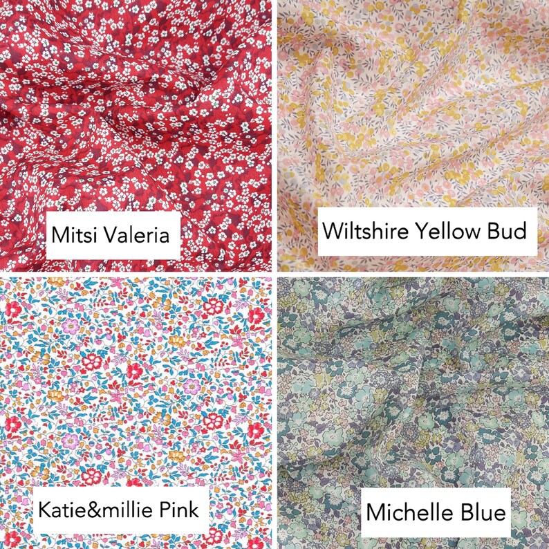 May include: Four fabric swatches with different floral patterns. The top left swatch is red with white flowers, labeled "Mitsi Valeria". The top right swatch is pink and yellow with white flowers, labeled "Wiltshire Yellow Bud". The bottom left swatch is white with pink, blue, and yellow flowers, labeled "Katie&millie Pink". The bottom right swatch is blue and green with white flowers, labeled "Michelle Blue".