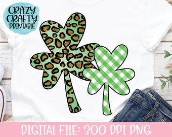 Leopard Print & Plaid Clovers PNG, Shamrock Printable, Sublimation File, St. Patrick's Day Design, Cheetah Clip Art, Transfer Download