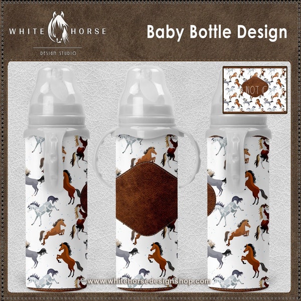 Frolicking Ponies with Brown Leather Stitching and Initials/Name Patch - Seamless Baby Bottle Sublimation Design