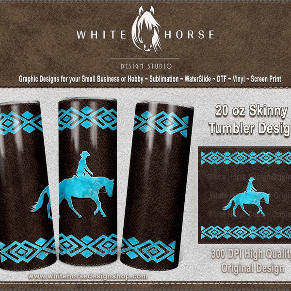 Western loping Horse, Real Turqouise and Silver accents on Stitched Leather Full Wrap - 20 oz  Tumbler SUBLIMATION DESIGN