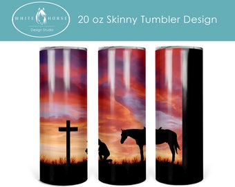 Kneeling at the Cross Cowboy Sunset with Name Area  - 20 oz  Tumbler SUBLIMATION DESIGN