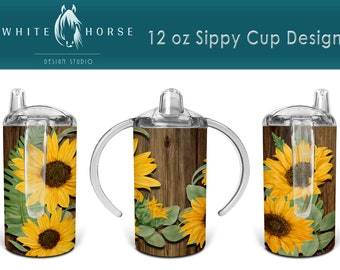 Sunflowers on Weathered Wood - 12 oz Straight Sided Kids Sippy Cup SUBLIMATION DESIGN