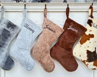 Personalized Custom Embroidered Modern Plush Family Christmas Stockings with Faux Fur Designs