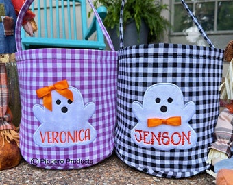 Sacola de cesta de Halloween com bordado personalizado de guingão, doces ou travessuras, balde, sacola, design de aplique fantasma, presente infantil para menino ou menina