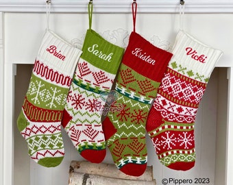 Knit Christmas Stocking Embroidery | Personalized Lime Christmas Stocking | Name & Monogram Family Stocking