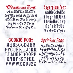 May include: Four different font styles are shown in this image. The fonts are called Christmas, Sugarplum, Cookie, and Sprinkles. Each font is shown with the alphabet in lowercase letters.