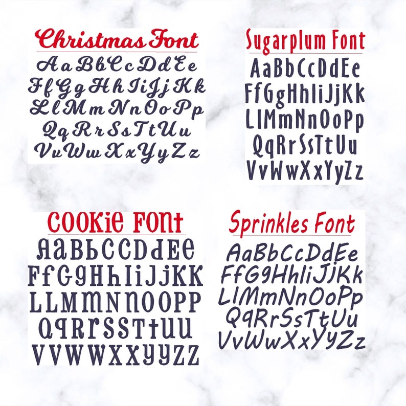 May include: Four different font styles are shown in this image. The fonts are called Christmas, Sugarplum, Cookie, and Sprinkles. Each font is shown with the alphabet in lowercase letters.