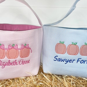 Personalized Custom Embroidered Striped Trick or Treat Halloween Bag Basket Bucket Tote Orange Pumpkin Design Kids Gift for Boy or Girl image 2