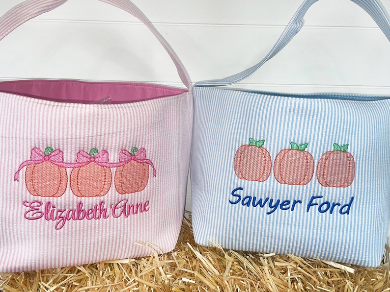 Personalized Custom Embroidered Striped Trick or Treat Halloween Bag Basket Bucket Tote Orange Pumpkin Design Kids Gift for Boy or Girl image 2